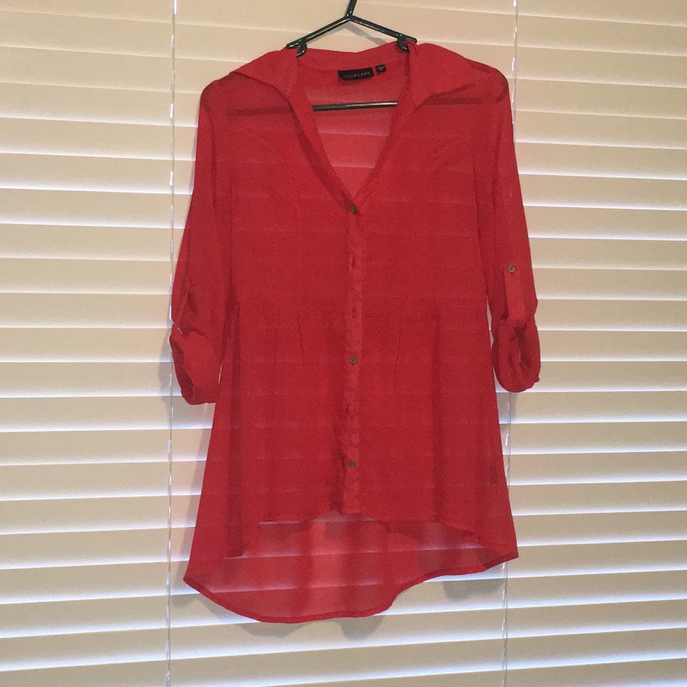 Orange Pink Coral High-Low Long Sleeve Blouse Top with Buttons